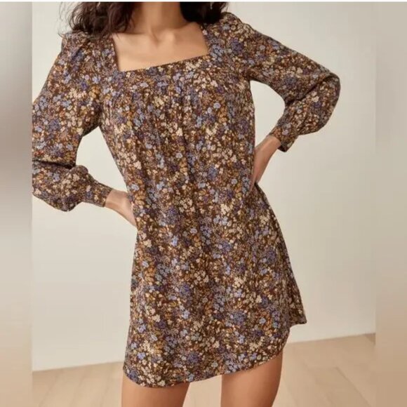 Reformation Blake Mini Dress – Brown Blue Floral, Size M - Picture 3 of 8